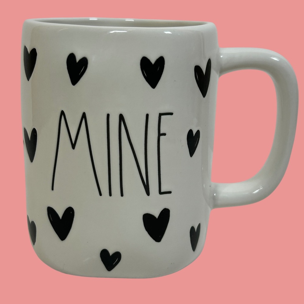 Rae Dunn MINE Heart Mug White Black Artisan Collection Magenta Ceramic Cup